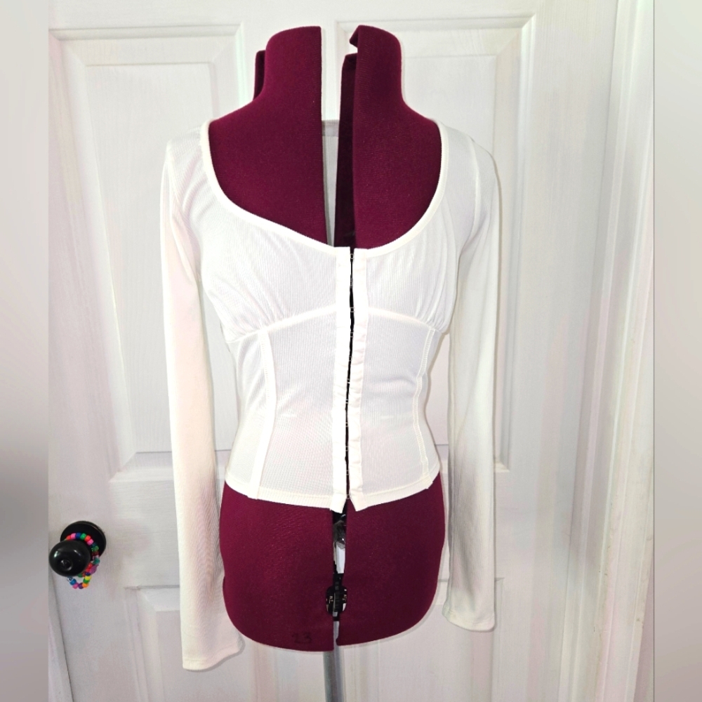 Lush White Faux Corset Long Sleeve Ribbed Top